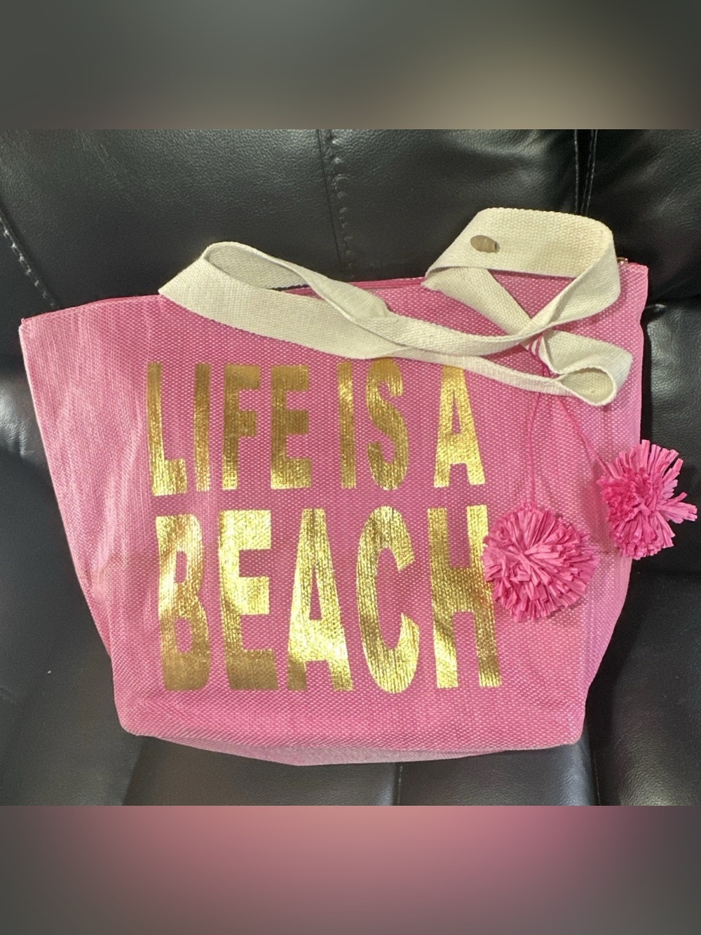 Pink Kids Beach Tote with Gold "Life Is A Beach" Accent